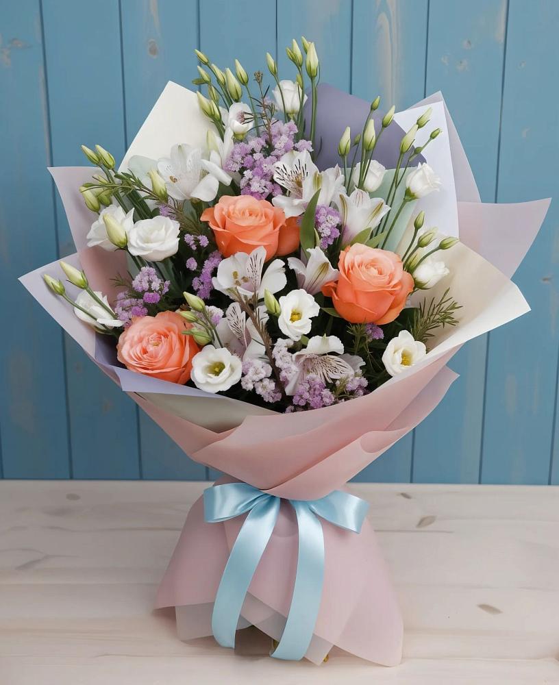 Букет цветов из: Лизиантусы, Розы, Альстромерии и Гипсофила в Лихославле