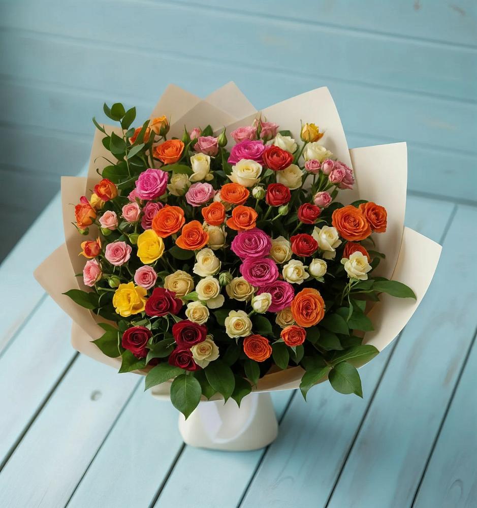 Букет Микс из разноцветных кустовых роз в Лихославле